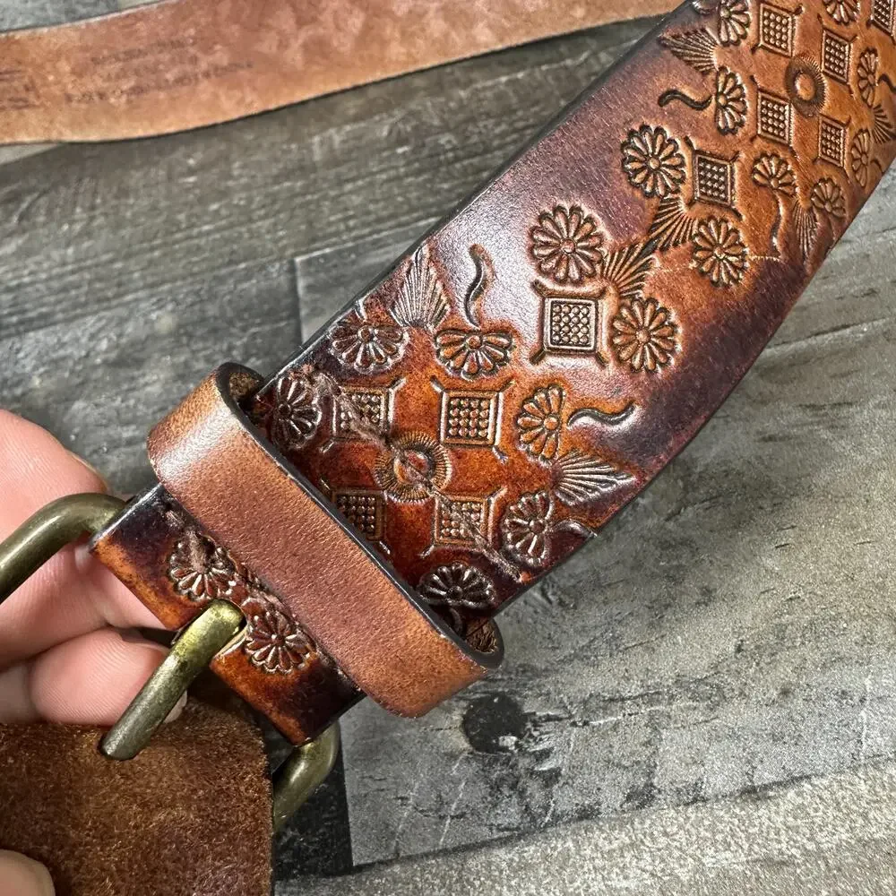 Arizona Jean Company Brown Western Belt Metal Buckle Geometric Aztec Medium‎ Y2k